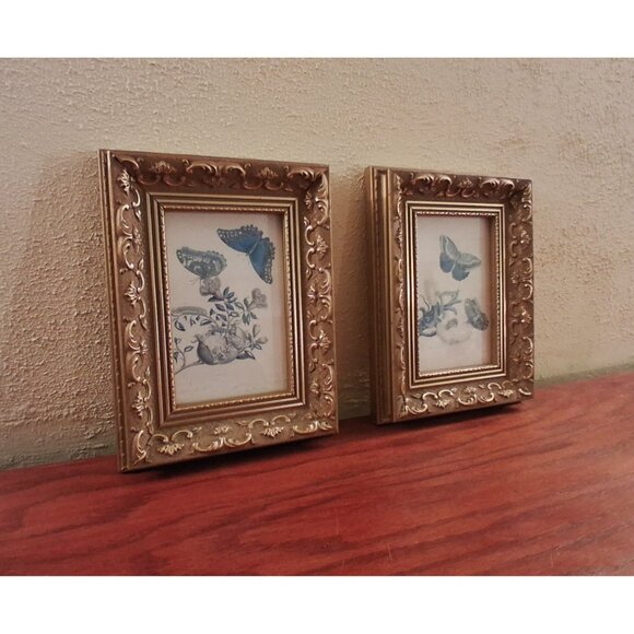 Gold Gilt Frame Wood Gesso Ornate Butterfly Print Blue Canada Vintage Set of 2 - Picture 5 of 8